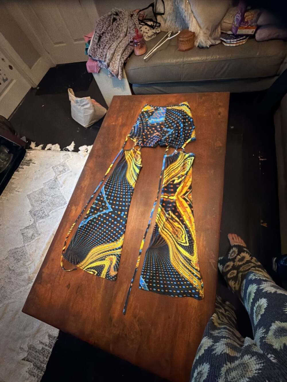 iHeartRaves Size S Abstract Print O-Ring Cutout Festival Chaps - Picture 3 of 3